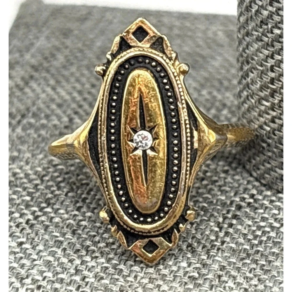 VTG Avon Kensington Art Deco Style Black Enamel Crystal Star Ring Gold Tone Sz 7